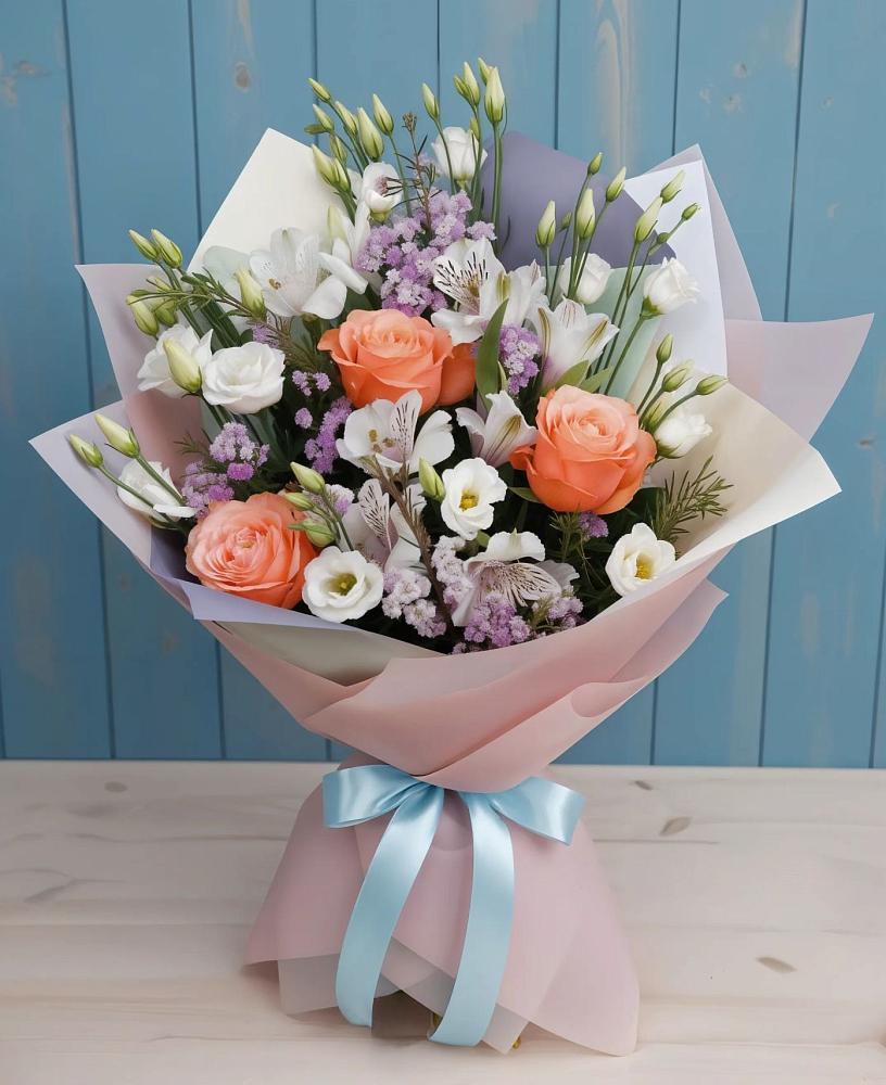 Букет цветов из: Лизиантусы, Розы, Альстромерии и Гипсофила в Ассиновской