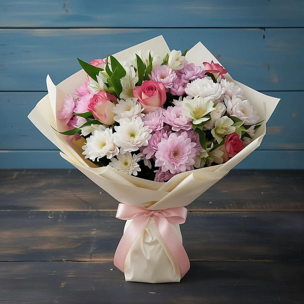 Букет цветов из: Хризантемы, Альстромерии и Розы в Ассиновской